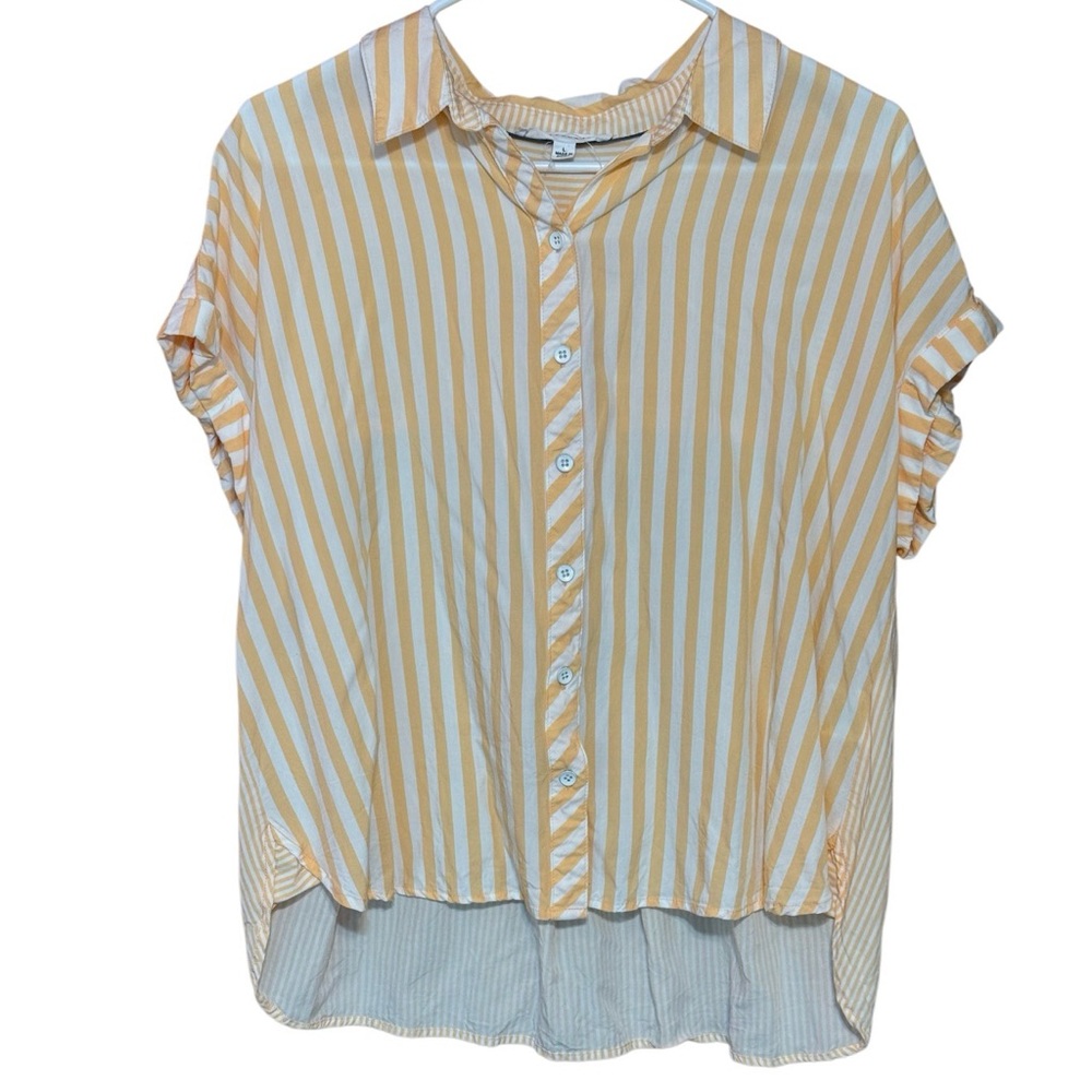 Jane + Delancey Striped Blouse Large Orange White Button Front Hi Low Top